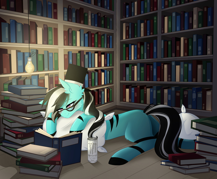 Size: 5740x4724 | Tagged: safe, artist:ruby gilbert, derpibooru import, oc, oc:purapoint, unofficial characters only, earth pony, pony, blue pony, book, bookshelf, commission, cute, ear fluff, earth pony oc, glasses, hat, image, jpeg, leg fluff, library, lightbulb, male, monster energy, ocbetes, pillow, reading, solo, stallion, stripes, top hat