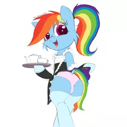 Size: 1080x1080 | Tagged: suggestive, artist:fajnyziomal, derpibooru import, rainbow dash, pegasus, pony, clothes, commission, image, jpeg, maid, panties, ponytail, smiling, socks, solo, underwear, your character here