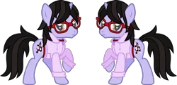 Size: 2264x1094 | Tagged: safe, artist:lightningbolt, derpibooru import, ponified, pony, unicorn, .svg available, brendon urie, clothes, derpibooru exclusive, frown, glasses, hoodie, horn, image, looking at you, male, panic! at the disco, png, raised hoof, raised leg, shirt, simple background, solo, stallion, transparent background, undershirt, vector