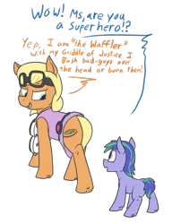 Size: 950x1236 | Tagged: safe, artist:thebathwaterhero, derpibooru import, oc, unofficial characters only, earth pony, pony, clothes, colt, earth pony oc, female, foal, food, image, male, mare, png, waffle