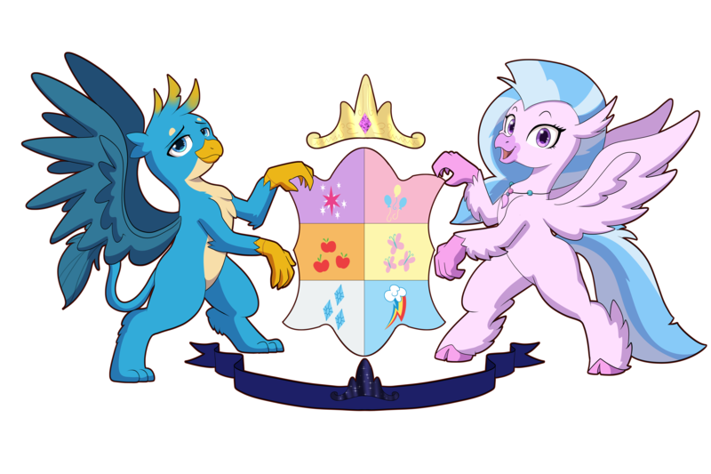 Size: 9000x6000 | Tagged: safe, artist:chedx, derpibooru import, applejack, fluttershy, gallus, pinkie pie, rainbow dash, rarity, silverstream, twilight sparkle, gryphon, hippogriff, bipedal, coat of arms, cutie mark, female, heraldry, image, male, mane six, patreon, patreon reward, png, simple background, spread wings, unshorn fetlocks, white background, wings