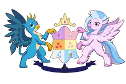 Size: 9000x6000 | Tagged: safe, artist:chedx, derpibooru import, applejack, fluttershy, gallus, pinkie pie, rainbow dash, rarity, silverstream, twilight sparkle, gryphon, hippogriff, bipedal, coat of arms, cutie mark, female, heraldry, image, male, mane six, patreon, patreon reward, png, simple background, spread wings, unshorn fetlocks, white background, wings