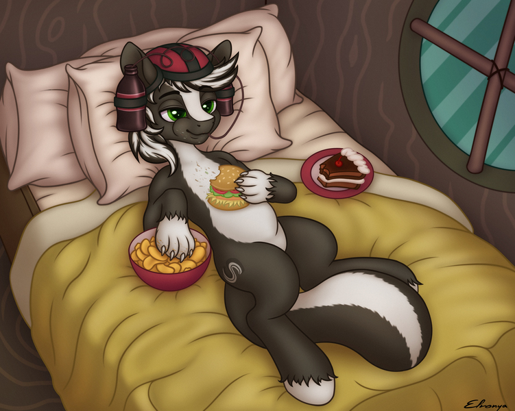 Size: 2678x2139 | Tagged: safe, artist:elronya, artist:eltaile, derpibooru import, oc, oc:zenawa skunkpony, unofficial characters only, pony, skunk, skunk pony, bed, burger, cake, chips, comfy, commission, crumbs, drink, drinking hat, eating, food, grin, hat, hay burger, image, jpeg, laying on bed, lazy, lying, lying down, male, on bed, pillow, smiling, soda, solo, zecora's hut