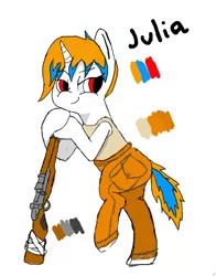 Size: 474x604 | Tagged: safe, artist:minxtaperino, derpibooru import, oc, oc:julia minx, bedroom eyes, blue mane, cargo pants, clothes, image, m1 garand, old art, orange mane, orange pants, pants, png, scavanger, tanktop, white coat