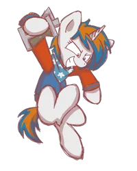 Size: 379x473 | Tagged: safe, artist:sugar morning, derpibooru import, oc, oc:julia minx, unofficial characters only, unicorn, blue mane, clothes, grenade, image, letterman jacket, orange mane, png, red eyes, scarf, simple background, smiling, solo, transparent background, white coat