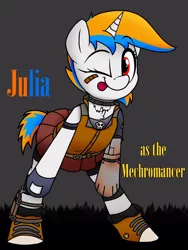 Size: 750x997 | Tagged: artist needed, safe, derpibooru import, oc, oc:julia minx, unicorn, bandaid, blue mane, borderlands, clothes, cute, image, jpeg, leaning, leaning forward, looking at you, mechromancer, one eye closed, orange mane, red eyes, robotic arm, short tail, skirt, solo, tail, tongue out, white coat, wink