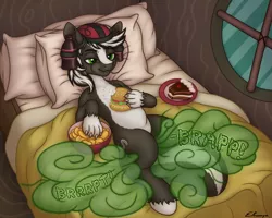 Size: 2678x2139 | Tagged: suggestive, artist:elronya, artist:eltaile, derpibooru import, oc, oc:zenawa skunkpony, unofficial characters only, pony, skunk, skunk pony, bed, burger, cake, chips, comfy, commission, crumbs, drink, drinking hat, eating, fart, fart cloud, fart fetish, fart noise, fetish, food, grin, hat, hay burger, image, jpeg, laying on bed, lazy, lying, lying down, male, on bed, onomatopoeia, pillow, smiling, soda, solo, sound effects, zecora's hut