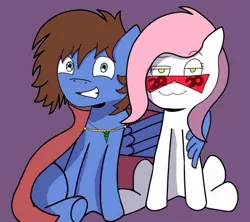 Size: 472x419 | Tagged: safe, artist:minxtaperino, derpibooru import, oc, oc:bizarre song, oc:sugar morning, earth pony, pegasus, pony, 2020, art trade, blue coat, brown mane, couple, duo, hug, image, jewelry, jpeg, necklace, old art, pink mane, red cape, tengen toppa gurren lagann, white coat