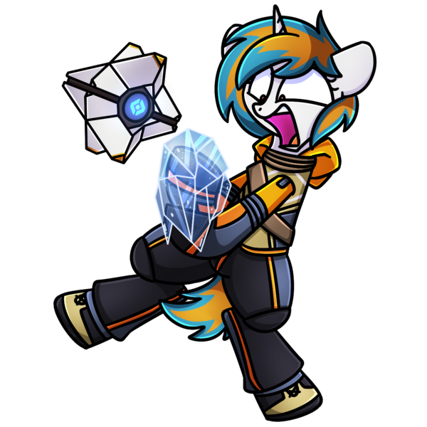 Size: 1240x1240 | Tagged: safe, artist:sugar morning, derpibooru import, oc, oc:julia minx, unicorn, blue mane, destiny (video game), ghost (destiny), ice, image, orange mane, panic, png, red eyes, screaming, solo, summit striker, white coat