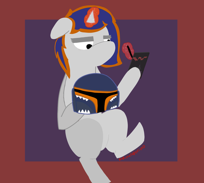 Size: 1667x1500 | Tagged: safe, artist:minxtaperino, derpibooru import, oc, oc:julia minx, unicorn, blue mane, helmet, image, mandalorian, orange mane, phone, png, red eyes, solo, white coat