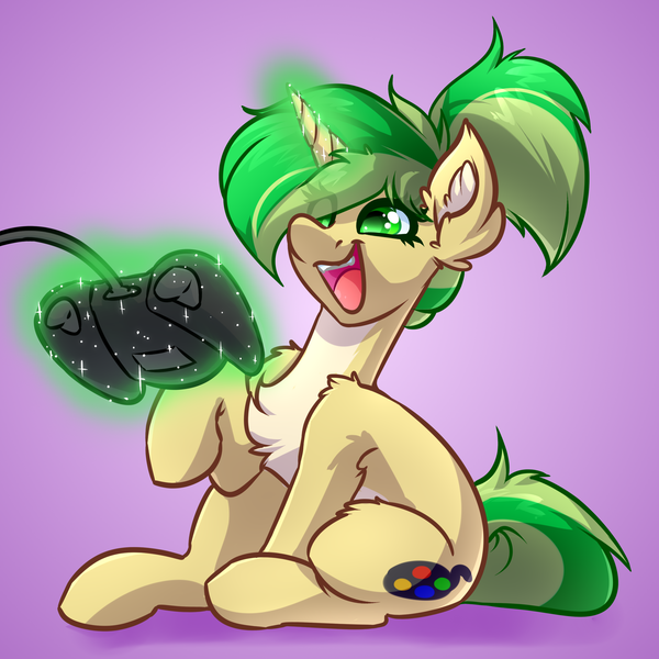 Size: 4000x4000 | Tagged: safe, artist:witchtaunter, derpibooru import, oc, oc:joystick, pony, unicorn, chest fluff, commission, controller, ear fluff, female, gradient background, happy, image, magic, png, ponytail, sitting, smiling, solo, telekinesis, xbox