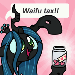 Size: 800x800 | Tagged: safe, artist:sugar morning, derpibooru import, queen chrysalis, changeling, changeling queen, animated, bust, cute, female, gif, heart, image, jar, looping, pointing, solo, speech bubble, text