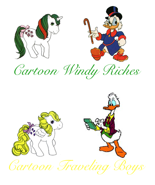Size: 1017x1214 | Tagged: safe, derpibooru import, edit, gusty, surprise, bird, duck, pegasus, pony, unicorn, adoraprise, clothes, crossover, cute, ducktales, female, fenton crackshell, g1, glasses, green text, gustybetes, hat, image, male, mare, png, scrooge mcduck, smiling, suit, text, top hat, yellow text