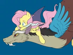 Size: 2000x1500 | Tagged: safe, artist:zombie, derpibooru import, discord, fluttershy, draconequus, pony, blue background, duo, flying, horn, image, jpeg, lying down, on back, riding, simple background, size difference, spirited away