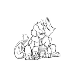 Size: 4000x4000 | Tagged: safe, artist:captainhoers, derpibooru import, oc, oc:ardent stream, oc:gráinne ó broin, gryphon, kirin, hug, image, jpeg, monochrome, sketch, snuggling, winghug, wings