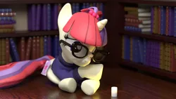 Size: 7680x4320 | Tagged: safe, artist:the luna fan, derpibooru import, moondancer, pony, unicorn, 3d, absurd resolution, blender, blender cycles, book, bookshelf, candle, clothes, derpibooru exclusive, glasses, image, looking down, night, png, solo, sweater, twilight sparkle's cutie mark