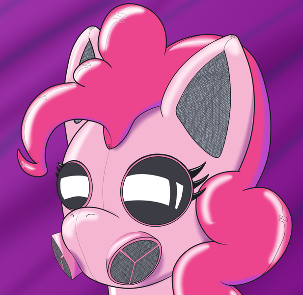 Size: 1280x1244 | Tagged: safe, artist:theotteroo, derpibooru import, pinkie pie, earth pony, latex pony, original species, pony, rubber pony, bondage, encasement, female, gas mask, goggles, head, image, latex, mare, mask, no mouth, png, purple background, rubber, rubber drone, shiny, shiny mane, simple background, solo