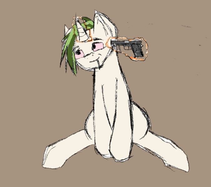 Size: 1093x971 | Tagged: semi-grimdark, artist:m37, derpibooru import, oc, oc:ein, unofficial characters only, pony, unicorn, brown background, bust, cigarette, gun, horn, image, male, pencil drawing, plug, png, simple background, solo, traditional art, unicorn oc, weapon