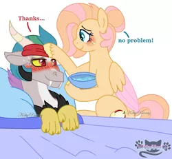 Size: 1280x1182 | Tagged: safe, artist:kittypainty, derpibooru import, oc, oc:calamity (kittypainty), oc:florenshy, unofficial characters only, draconequus, hybrid, pegasus, pony, bed, blanket, bowl, colored wings, dialogue, draconequus oc, duo, fangs, female, horns, image, interspecies offspring, jpeg, male, mare, offspring, parent:big macintosh, parent:discord, parent:fluttershy, parent:princess celestia, parents:dislestia, parents:fluttermac, pillow, rag, red face, sick, signature, simple background, smiling, traditional art, unshorn fetlocks, water, white background, wings