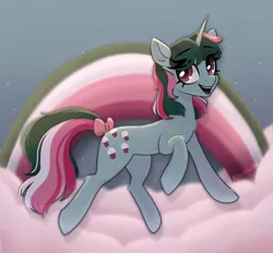 Size: 1948x1807 | Tagged: safe, artist:_alixxie_, derpibooru import, fizzy, pony, unicorn, bow, cloud, g1, g1 to g4, g4, generation leap, image, png, solo, tail, tail bow