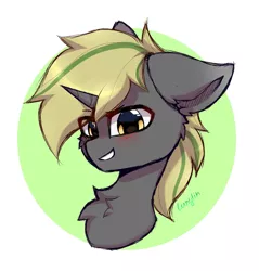 Size: 1527x1600 | Tagged: safe, artist:lunylin, derpibooru import, oc, unofficial characters only, pony, unicorn, blushing, cheek fluff, chest fluff, eye clipping through hair, eyebrows, eyebrows visible through hair, floppy ears, grin, horn, image, looking at you, male, png, signature, smiling, smiling at you, solo, stallion