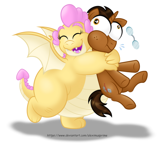 Size: 1600x1433 | Tagged: safe, artist:aleximusprime, derpibooru import, oc, oc:buttercream, oc:buttercream the dragon, oc:copper plume, unofficial characters only, dragon, pony, unicorn, bear hug, cheek squish, commission, commissioner:imperfectxiii, cute, cute little fangs, dragon oc, dragoness, duo, eye bulging, eyes closed, fangs, fat, female, glasses, horn, hug, image, male, open mouth, png, simple background, spread wings, squeezing, squishy cheeks, stallion, standing, standing on one leg, transparent background, unicorn oc, wings