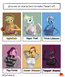 Size: 3000x3582 | Tagged: safe, artist:marianokun, derpibooru import, applejack, pipp petals, sunset shimmer, tempest shadow, trixie, vapor trail, anthro, earth pony, pegasus, unicorn, six fanarts, 3d, abs, adorapipp, angry, apple, big breasts, boob window, breasts, busty applejack, busty sunset shimmer, busty tempest shadow, busty trixie, busty vapor trail, cleavage, clothes, cute, flexing muscles, food, g5, happy, image, looking at you, midriff, one eye closed, png, smiling, source filmmaker, sweater, tanktop, wings, wink