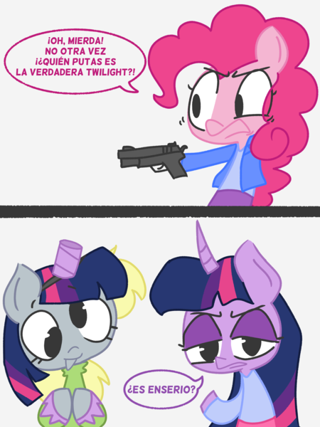 Size: 4500x6000 | Tagged: suggestive, derpibooru import, derpy hooves, pinkie pie, twilight sparkle, anthro, pegasus, unicorn, alicorn costume, clothes, comic, costume, dialogue, fake horn, fake wings, gun, image, nightmare night costume, png, spanish, text, toilet paper roll, toilet paper roll horn, twilight muffins, weapon, wig