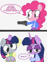 Size: 4500x6000 | Tagged: suggestive, artist:sundzy, derpibooru import, derpy hooves, pinkie pie, twilight sparkle, anthro, pegasus, unicorn, alicorn costume, clothes, comic, costume, dialogue, english, fake horn, fake wings, gun, image, nightmare night costume, png, text, toilet paper roll, toilet paper roll horn, twilight muffins, weapon, wig