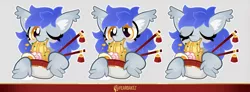 Size: 2124x784 | Tagged: safe, artist:kez, derpibooru import, oc, oc:gabriel, unofficial characters only, pony, bowl, chopsticks, eating, eyes closed, eyes open, food, image, noodles, one eye closed, png, ramen, solo