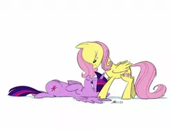 Size: 1600x1200 | Tagged: safe, artist:mellodillo, derpibooru import, fluttershy, twilight sparkle, twilight sparkle (alicorn), alicorn, pegasus, pony, bedroom eyes, commission, female, image, jpeg, lesbian, looking at each other, looking at someone, lying down, mare, on back, shipping, simple background, twishy, white background