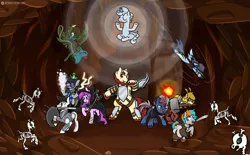 Size: 1136x704 | Tagged: safe, artist:redpalette, derpibooru import, oc, oc:shade flash, oc:snowy charm, oc:violet ray, earth pony, pegasus, pony, skeleton pony, snake, unicorn, archer, armor, arrow, bone, cave, commission, cute, dungeons and dragons, earth pony oc, elements, fantasy, female, filly, fire, foal, hammer, hind legs, horn, image, jpeg, lightning, mage, magic, male, mare, pegasus oc, pen and paper rpg, roleplaying, rpg, shield, skeleton, sparkle, spell book, stallion, sword, unicorn oc, unshorn fetlocks, warlock, weapon, wings, wizard
