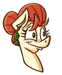 Size: 509x614 | Tagged: safe, artist:cowsrtasty, derpibooru import, oc, oc:penny inkwell, unofficial characters only, pony, bust, ear piercing, earring, freckles, hair bun, image, jewelry, piercing, png, smiling, solo