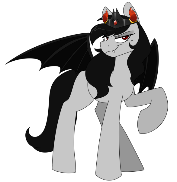 Size: 1920x1967 | Tagged: safe, artist:2k.bugbytes, ponybooru import, oc, unofficial characters only, bat pony, pony, undead, vampire, commission, crown, fangs, female, image, jewelry, mare, png, raised hoof, raised leg, regalia, signature, simple background, solo, spread wings, transparent background, wings