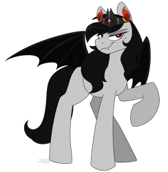 Size: 1920x1967 | Tagged: safe, artist:2k.bugbytes, ponybooru import, oc, unofficial characters only, bat pony, pony, undead, vampire, commission, crown, fangs, female, image, jewelry, mare, png, raised hoof, raised leg, regalia, signature, simple background, solo, spread wings, transparent background, wings