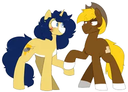 Size: 2593x1878 | Tagged: safe, artist:2k.bugbytes, ponybooru import, oc, oc:acres, oc:flash reboot, unofficial characters only, earth pony, pony, unicorn, blushing, cowboy hat, eye contact, female, hat, holding hooves, hoofholding, image, looking at each other, male, mare, oc x oc, png, ponybooru collab 2022, shipping, simple background, smiling, smiling at each other, stallion, stetson, straight, transparent background