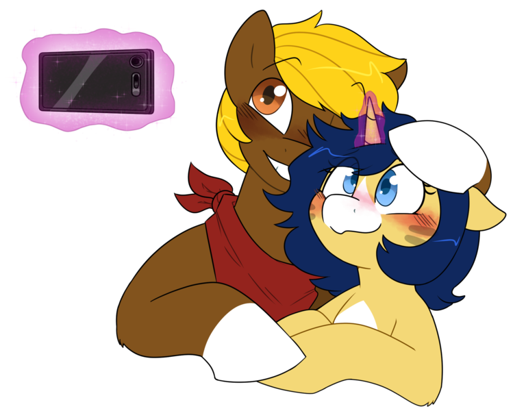 Size: 2053x1644 | Tagged: safe, artist:2k.bugbytes, ponybooru import, oc, oc:acres, oc:flash reboot, unofficial characters only, earth pony, pony, unicorn, bandana, blushing, female, image, magic, male, mare, mobile phone, oc x oc, phone, png, shipping, simple background, smartphone, stallion, straight, telekinesis, transparent background