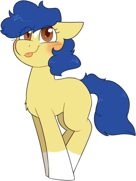 Size: 921x1228 | Tagged: safe, artist:2k.bugbytes, ponybooru import, oc, oc:daisy kicks, unofficial characters only, earth pony, pony, :p, blue mane, blue tail, blushing, chest fluff, coat markings, earth pony oc, eye clipping through hair, female, filly, foal, image, png, simple background, smiling, socks (coat marking), solo, tongue out, transparent background, yellow coat