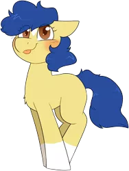 Size: 921x1228 | Tagged: safe, artist:2k.bugbytes, ponybooru import, oc, oc:daisy kicks, unofficial characters only, earth pony, pony, :p, blue mane, blue tail, blushing, chest fluff, coat markings, earth pony oc, eye clipping through hair, female, filly, foal, image, png, simple background, smiling, socks (coat marking), solo, tongue out, transparent background, yellow coat