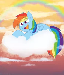 Size: 1920x2249 | Tagged: safe, artist:2k.bugbytes, ponybooru import, rainbow dash, pegasus, pony, cloud, cloudy, female, folded wings, image, lying down, lying on a cloud, mare, on a cloud, open mouth, png, prone, rainbow, solo, wings
