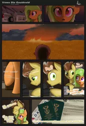 Size: 2565x3720 | Tagged: safe, artist:ponynamedmixtape, derpibooru import, wild fire, oc, oc:amber grain, oc:warm winds, earth pony, comic:vrees die gouldveld, afrikaans, backstory, car, dialogue, english, equestria, equestrian federation, farm, father and child, father and daughter, female, fire, house, image, letter, lore, male, passport, png, radio, south zebrica, text, zebrica