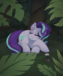 Size: 1472x1789 | Tagged: safe, artist:2k.bugbytes, ponybooru import, starlight glimmer, pony, unicorn, bush, eyes closed, female, flower, flower in hair, forest, grass, image, jungle, lying down, mare, moss, outdoors, plant, png, prone, sleeping, solo, tree, vine