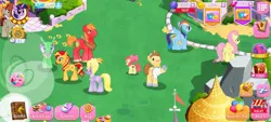 Size: 1600x720 | Tagged: safe, derpibooru import, apple bloom, big macintosh, donut joe, fluttershy, frenulum (character), lyrica lilac, rainbow dash, scootaloo, sunset shimmer, twilight sparkle, twilight sparkle (alicorn), alicorn, canterlot, game screencap, gameloft, gameloft shenanigans, image, jpeg, sunny song