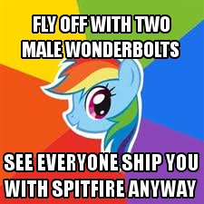 Size: 225x225 | Tagged: safe, derpibooru import, rainbow dash, pegasus, pony, sonic rainboom (episode), artifact, caption, image, image macro, impact font, implied lesbian, implied shipping, implied soarin', implied spitdash, implied spitfire, implied wave chill, jpeg, meme, needs more jpeg, text