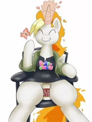 Size: 1200x1600 | Tagged: suggestive, artist:kushina13, derpibooru import, oc, oc:dyx, unofficial characters only, alicorn, pony, beer can, between legs, cigarette, clothes, eyes closed, female, image, jpeg, mare, robe, shirt, simple background, solo, strategically covered, white background