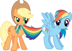 Size: 2906x2064 | Tagged: safe, artist:skie-vinyl, derpibooru import, applejack, rainbow dash, earth pony, pegasus, pony, .svg available, applejack's hat, biting, cowboy hat, duo, female, hat, high res, image, mare, png, simple background, tail, tail bite, tail pull, transparent background, vector