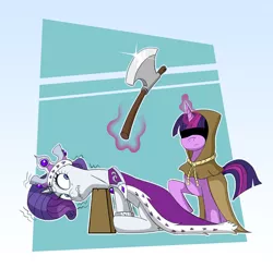 Size: 1376x1356 | Tagged: artist needed, safe, derpibooru import, clover the clever, princess platinum, rarity, twilight sparkle, pony, unicorn, axe, chopping block, crown, execution, female, horn, horn ring, image, imminent death, imminent decapitation, jewelry, jpeg, levitation, magic, mare, murder, regalia, regicide, ring, royalty, telekinesis, weapon