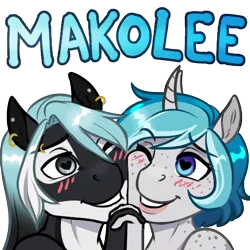 Size: 500x500 | Tagged: safe, artist:askbubblelee, derpibooru import, oc, oc:bubble lee, oc:mako, unofficial characters only, anthro, orca, orca pony, original species, pony, unguligrade anthro, unicorn, anthro oc, blushing, couple, digital art, ear piercing, female, freckles, heart eyes, horn, image, makolee, male, oc x oc, piercing, png, shipping, short hair, simple background, smiling, stallion, straight, transparent background, unicorn oc, wingding eyes