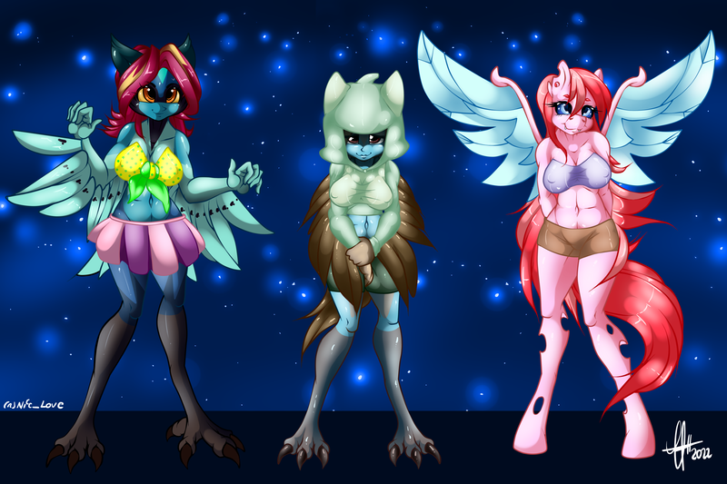 Size: 3000x2000 | Tagged: suggestive, artist:zcomic, derpibooru import, oc, unofficial characters only, anthro, changeling, digitigrade anthro, harpy, monster pony, original species, unguligrade anthro, arm behind back, bedroom eyes, belly button, breasts, changeling oc, clothes, commission, digital art, erect nipples, female, furry, furry oc, holes, image, looking at you, nipple outline, png, pose, simple background, skirt, spread wings, tail, tanktop, thighs, trio, trio female, wide hips, wings