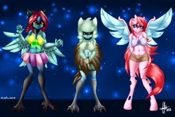 Size: 3000x2000 | Tagged: suggestive, artist:zcomic, derpibooru import, oc, unofficial characters only, anthro, changeling, digitigrade anthro, harpy, monster pony, original species, unguligrade anthro, arm behind back, bedroom eyes, belly button, breasts, changeling oc, clothes, commission, digital art, erect nipples, female, furry, furry oc, holes, image, looking at you, nipple outline, png, pose, simple background, skirt, spread wings, tail, tanktop, thighs, trio, trio female, wide hips, wings